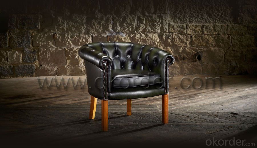 Tub Chair with Black Leather and Wooden Foot