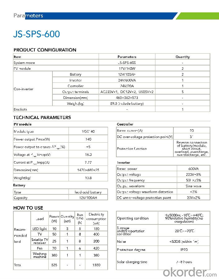 Off-grid Solar Power System JS-SPS-600