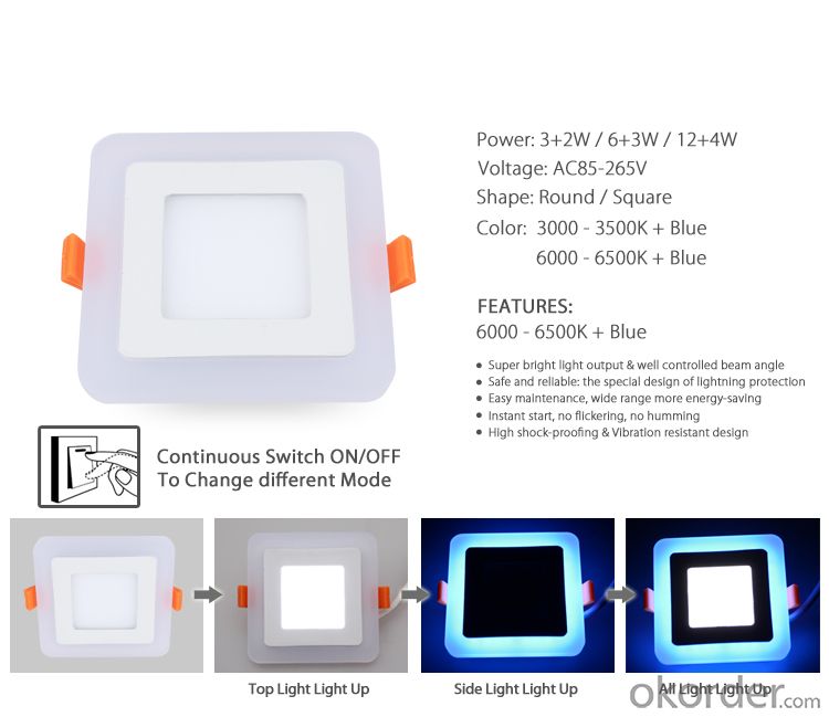 LED TWO COLOR PANEL LIGHT  6+3 W SQUARE  SHAPE RECESSED BLUE WITH COLD WHITE