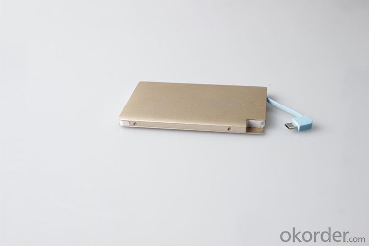 Printing Logo ultra slim credit card 2600 mah power bank with build in cable charger Aluminum Alloy