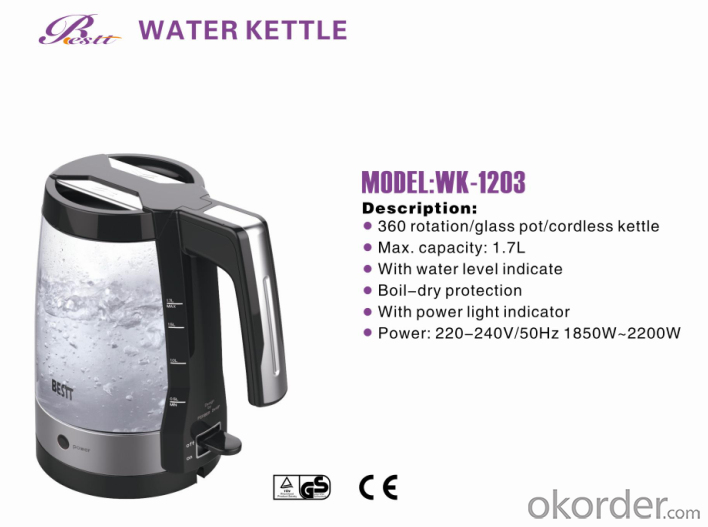 360 rotation electric kettle with glass pot  WK-1203