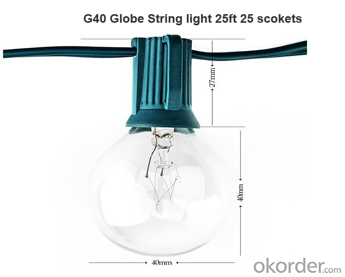 25 Foot G40 Outdoor Lighting Patio Globe String Lights, Green Wire, 25 Clear Bulbs