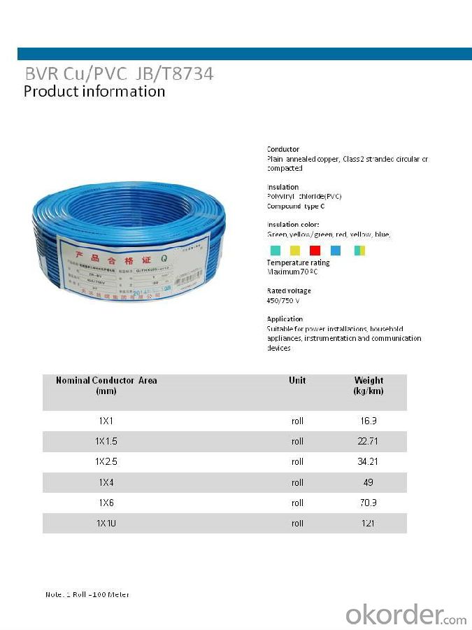 Cu/PVC   Flexible Copper Conductor  PVC Insulated Eletric Wire 450/750V BVR 1.0 1.5 2.5   4.0