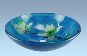 Hot Selling New Design Bathroom Product Tempered glass Light Blue Flower Washbasin