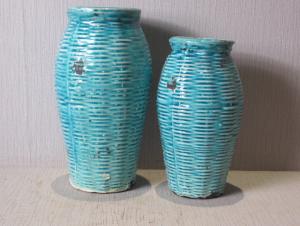 Hot Selling New Design Home Decorative Ceramic Light Blue Weaving Style Flower Vase L