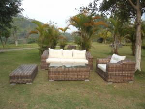 Rattan Iron Shelves Outdoor Garden Furniture One Single Sofa One Long Sofa One ottoman And A Tea Table System 1