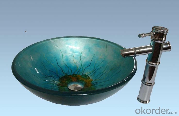 Hot Selling New Design Bathroom Product Tempered glass Ancient Blue Washbasin Set