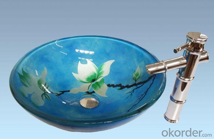 Hot Selling New Design Bathroom Product Tempered glass Light Blue Flower WashbasinSet System 1