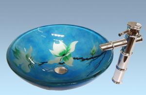 Hot Selling New Design Bathroom Product Tempered glass Light Blue Flower WashbasinSet