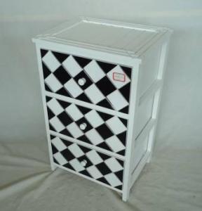 Home Storage Cabinet White-Painted Paulownia Wood With 3 Black And White Plaid Pattern Two-Tone Drawers