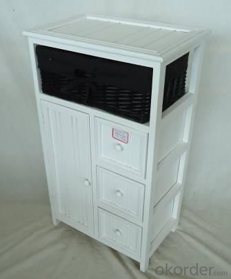 Home Storage Cabinet White-Painted Paulownia Wood With 1 Stained Wicker Basket With Liner
