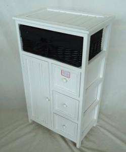 Home Storage Cabinet White-Painted Paulownia Wood With 1 Stained Wicker Basket With Liner System 1