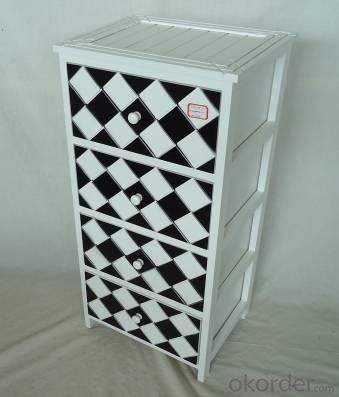 Home Storage Cabinet White-Painted Paulownia Wood With 4 Black And White Plaid Pattern Two-Tone Drawers System 1