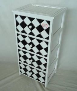 Home Storage Cabinet White-Painted Paulownia Wood With 4 Black And White Plaid Pattern Two-Tone Drawers System 1