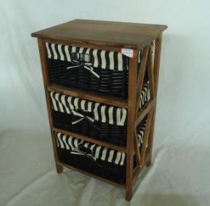 Home Storage Cabinet Roasted Pine Wood With 3 Stained Wicker Baskets With Liner