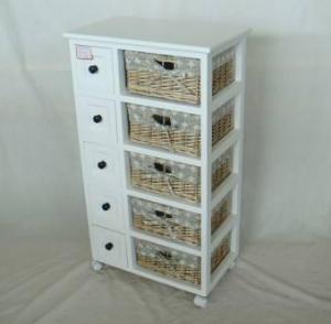 Home Storage Cabinet White-Painted Paulownia Wood With 5 Washed-Grey Wicker Linen Baskets With Wheel