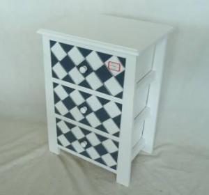Home Storage Cabinet White-Painted Paulownia Wood With 3 Plaid Pattern Two-Tone Drawers