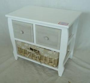 Home Storage Cabinet White-Painted Paulownia Wood With 2 Washed-Grey Drawers And 1 Wicker Basket With Liner System 1