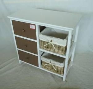 Home Storage Cabinet White Paulownia Wood Frame With 2 Washed-Grey Baskets System 1