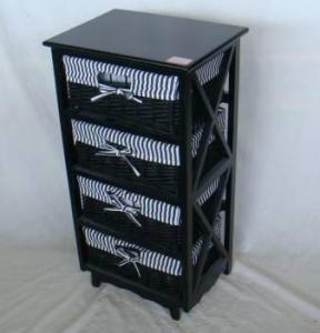 Home Storage Cabinet Black-Painted Paulownia Wood With 4 Stained Wicker Baskets With Liners