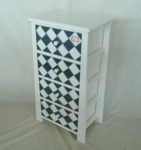 Home Storage Cabinet White-Painted Paulownia Wood With 4 Plaid Pattern Two-Tone Drawers