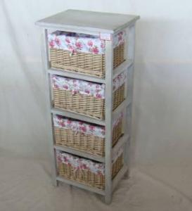 Home Storage Cabinet Washed-Grey Paulownia Wood With 4 Wicker Baskets With Liners