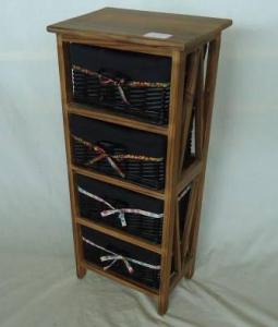 Home Storage Cabinet Roasted Pine Wood With 4 Stained Wicker Baskets With Liner