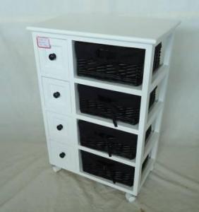 Home Storage Cabinet White-Painted Paulownia Wood With 4 Stained Wicker Linen Baskets With Wheel System 1