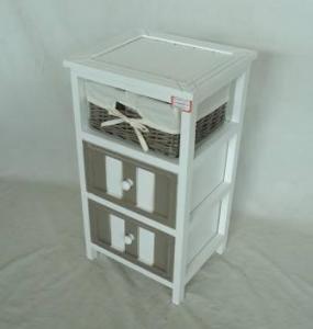 Home Storage Cabinet White-Painted Paulownia Wood With 1 Wicker Basket And 2 Drawers System 1