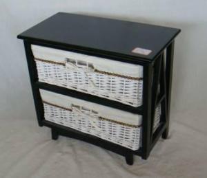 Home Storage Cabinet Black-Painted Paulownia Wood With 2 White  Wicker Baskets With Liners