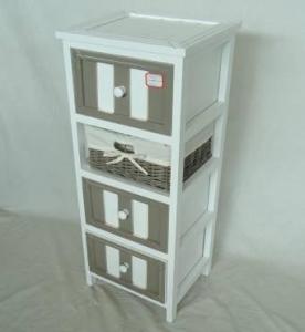 Home Storage Cabinet White-Painted Paulownia Wood With 1 Wicker Basket And 3 Drawers System 1