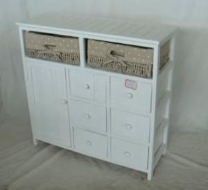 Home Storage Cabinet White-Painted Paulownia Wood With 2 Washed-Grey Maize Baskets With Liner System 1