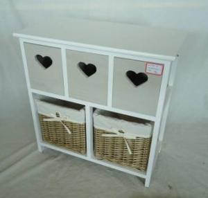 Home Storage Cabinet White Paulownia Wood Frame With 2 Willow Washed-Grey Baskets System 1