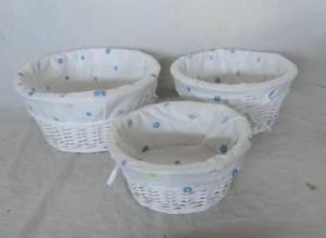 Home Storage Willow Basket White-Painted Willow Baskets With Flower Pattern Liner S/3
