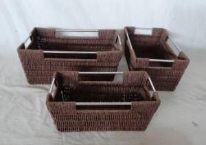 Home Storage Hot Sell Twisted Paper Woven Over Metal Frame Baskets With Stainless Tube Handles S/3