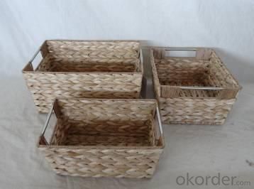 Home Storage Hot Sell Natural Cattail Woven Over Metal Frame Baskets With Stainless Tube Handles S/3