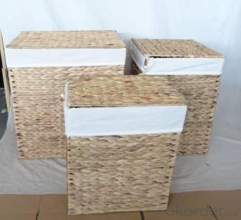 Home Storage Willow Basket Natural Waterhyacinth Woven Over Metal Frame Hamper With Sway Lid Liner S/3