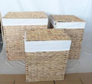 Home Storage Willow Basket Natural Waterhyacinth Woven Over Metal Frame Hamper With Sway Lid Liner S/3 System 1