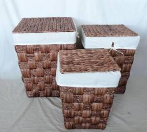 Home Storage Willow Basket Stained Waterhyacinth And Maize Braid Woven Over Metal Frame Hampers With Lid S/3