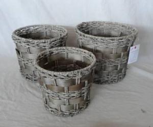 Home Storage Hot Sell Washed-Grey Maize And Woodchip Woven Over Metal Frame Baskets S/3