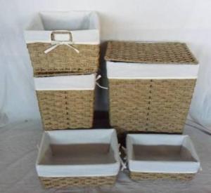 Home Storage Willow Basket Seagrass Woven Over Metal Frame Laundry Baskets With Liner S/5