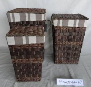 Home Storage Laundry Basket Woodchip And Waterhyacinth Woven Around Metal Frame Laundry Hamper With Liner S/3