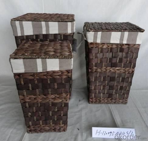 Home Storage Laundry Basket Woodchip And Waterhyacinth Woven Around Metal Frame Laundry Hamper With Liner S/3