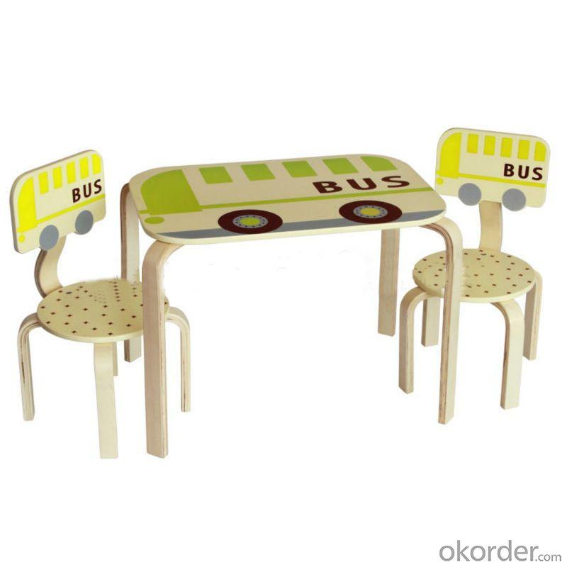 2014 Hot Sale Cartoon Red Bus Wood Kids Table Chairs Grass Green