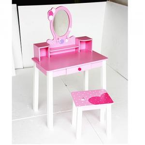 China Manufacturer Vintage Pink Girl Children Wooden Dressing Desk With Mirror And Stool System 1