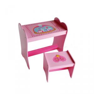 China Manufacture Wooden Easy Assembled Children Table Cute Cartoon Study Desk With Stool Pink