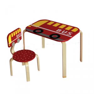 2014 Bestselling Cartoon Red Bus Wood Kids Table Chairs Red Fit Children Size
