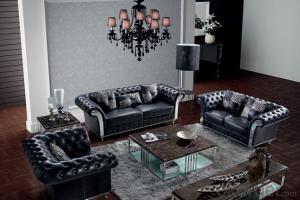Genuine Leather Sofa, Classic Design,Crystal Button