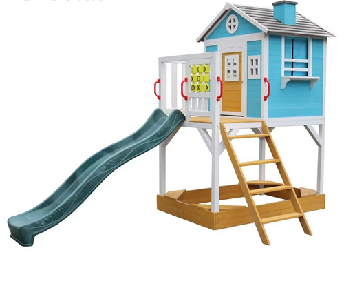Two-story wooden kids playhouse with slide climbing sand box System 1