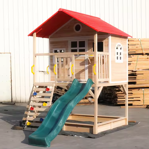 Backyard Outdoor Playhouses Kids Cubby House with Slide and Climbing Wooden House Hemlock Spruce System 1